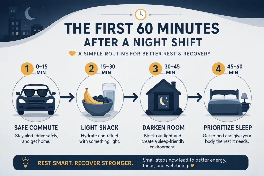 Night shift worker following a post-shift recovery routine