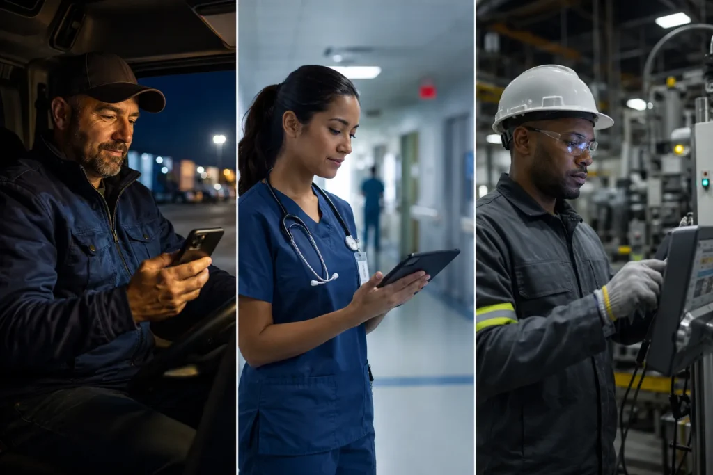 Night shift worker preparing for daytime sleep with a sleep app and blackout curtains