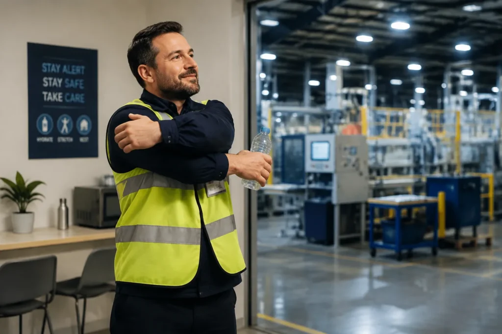 Night shift worker taking a movement break to stay alert