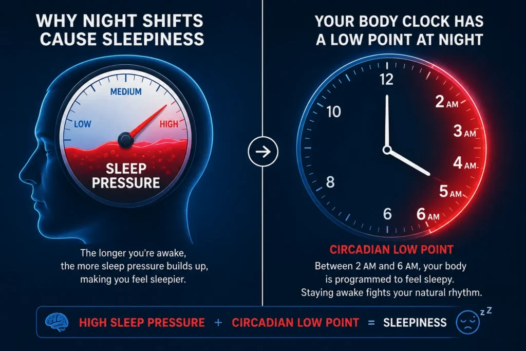 Night shift worker using strategies to stay alert during an overnight shift